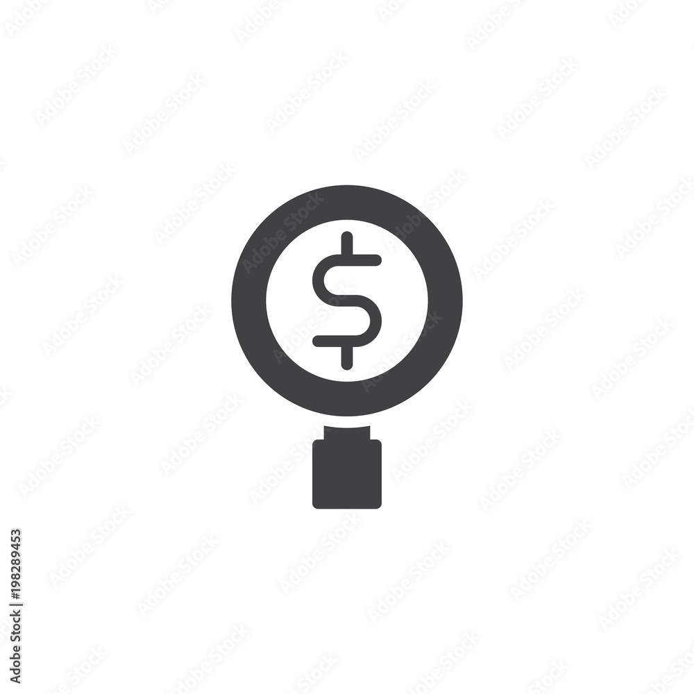 Dollar and magnifying glass vector icon. filled flat sign for mobile concept and web design. Looking for money simple solid icon. Symbol, logo illustration. Pixel perfect vector graphics Dollar and magnifying glass vector icon. filled flat sign for mobile concept and web design. Looking for money simple solid icon. Symbol, logo illustration. Pixel perfect vector graphics