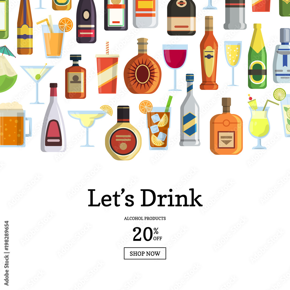 Vector background with alcoholic drinks in glasses and bottles and with place for text Vector background with alcoholic drinks in glasses and bottles and with place for text