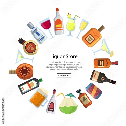 Vector alcoholic drinks in glasses and bottles
