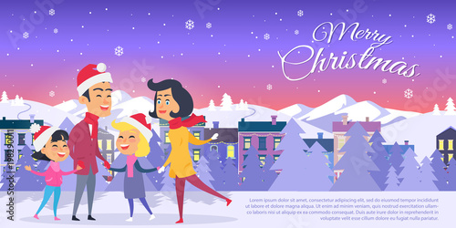 Postcard with Merry Christmas on City Background