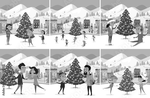 Monochrome Set of Happy People Ice-skating on Rink