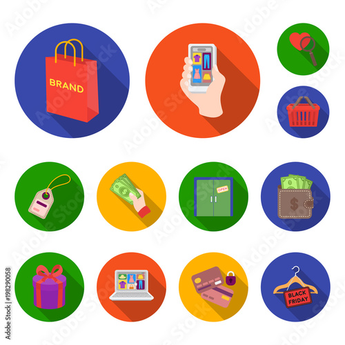 E-commerce, Purchase and sale flat icons in set collection for design. Trade and finance vector symbol stock web illustration.