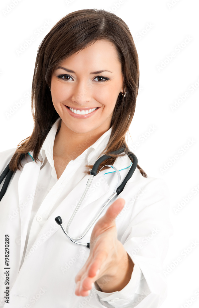 Doctor giving hand for handshake, over white Doctor giving hand for handshake, over white