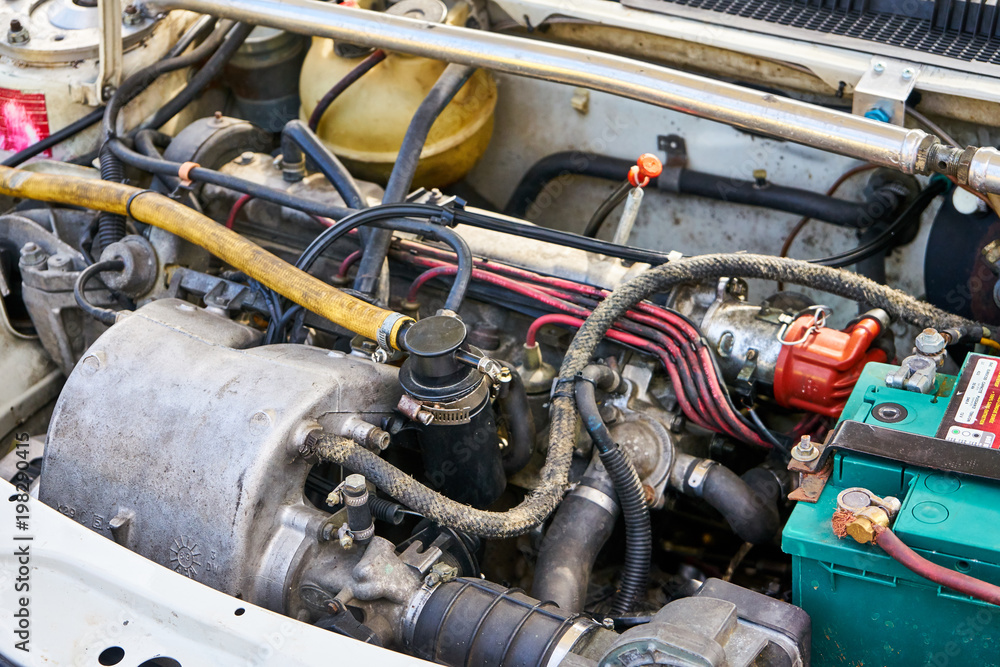 Fototapeta premium 1980's Motor Engine on A Vintage Car