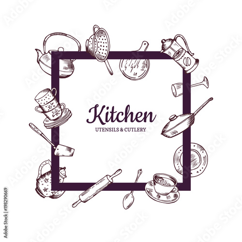 Vector frame with hand drawn kitchen utensils