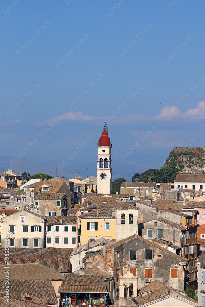 old buildings and church tower Corfu town cityscape Greece