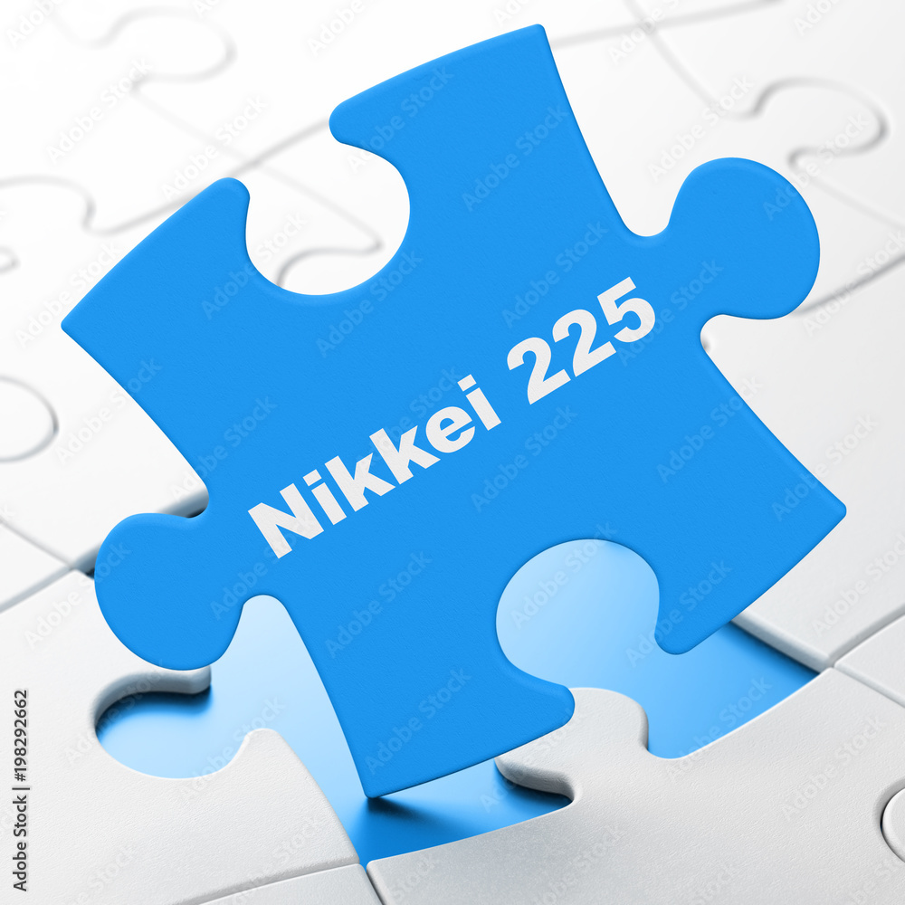 Stock market indexes concept: Nikkei 225 on Blue puzzle pieces background, 3D rendering Stock market indexes concept: Nikkei 225 on Blue puzzle pieces background, 3D rendering