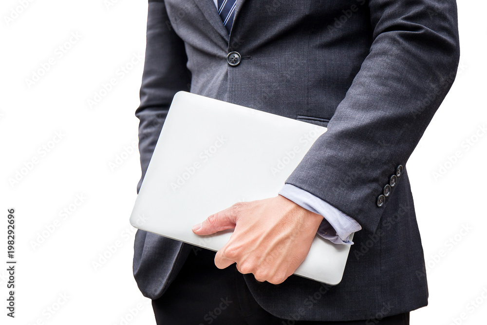 young smart business man hold laptop, computer, for do his work in office on isolated, white, background young smart business man hold laptop, computer, for do his work in office on isolated, white, background