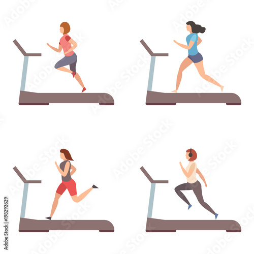 Treadmill. Woman (girl) runs. Vector.