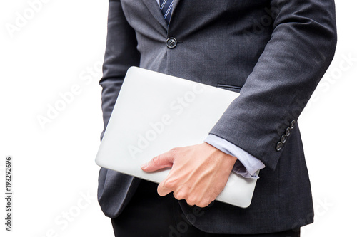 young smart business man hold laptop, computer, for do his work in office on isolated, white, background