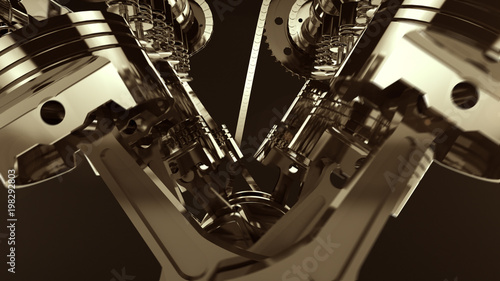 Close-up shot of a working V8 engine with lens flare effects. Pistons, camshaft, valves and other mechanical parts are in motion.