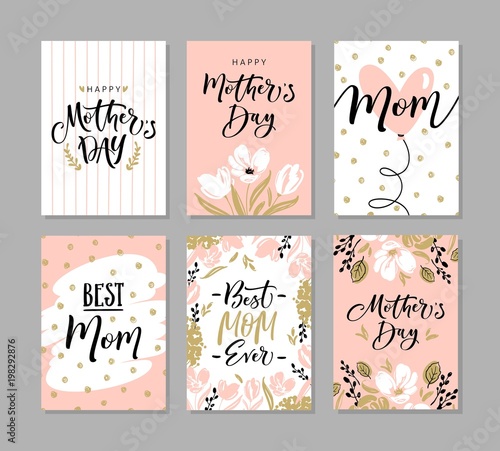 Set of cute greeting cards for Mother's Day with hand drawn blossom flowers and modern brush calligraphy