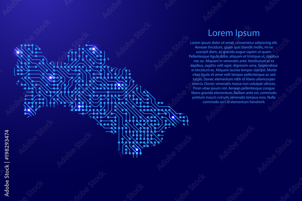 Map Turkmenia from printed board, chip and radio component with blue star space on the contour for banner, poster, greeting card, of vector illustration.