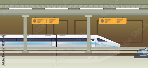 Modern fast train on railway station. Railway type transport, locomotive.