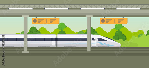 Modern fast train on railway station. Railway type transport, locomotive.