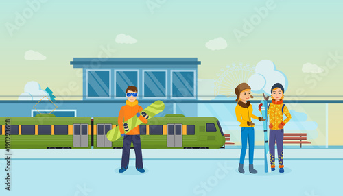 Passengers on platform of peron, waiting for classic train.