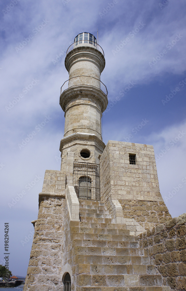 Crete island, the lighthouse at the Venetian harbor of Chania