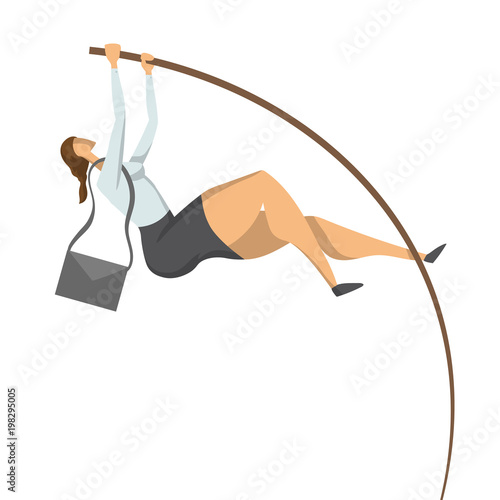 Businessman, a woman in a business suit doing pole vaulting. Jump to success, concept vector illustration, isolated on white background.
