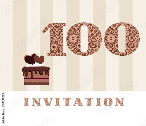 Invitation, 100 years old, chocolate cake, heart, vector. The invitation to the birthday party.  Color card. Chocolate cake with hearts. English. 