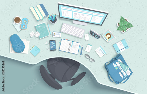Top view of modern and stylish workplace. Table with recess, armchair, monitor, books, notebook, headphones, phone, glasses, calendar, paper, coffee, donuts, bag, cap. Vector illustration Top view