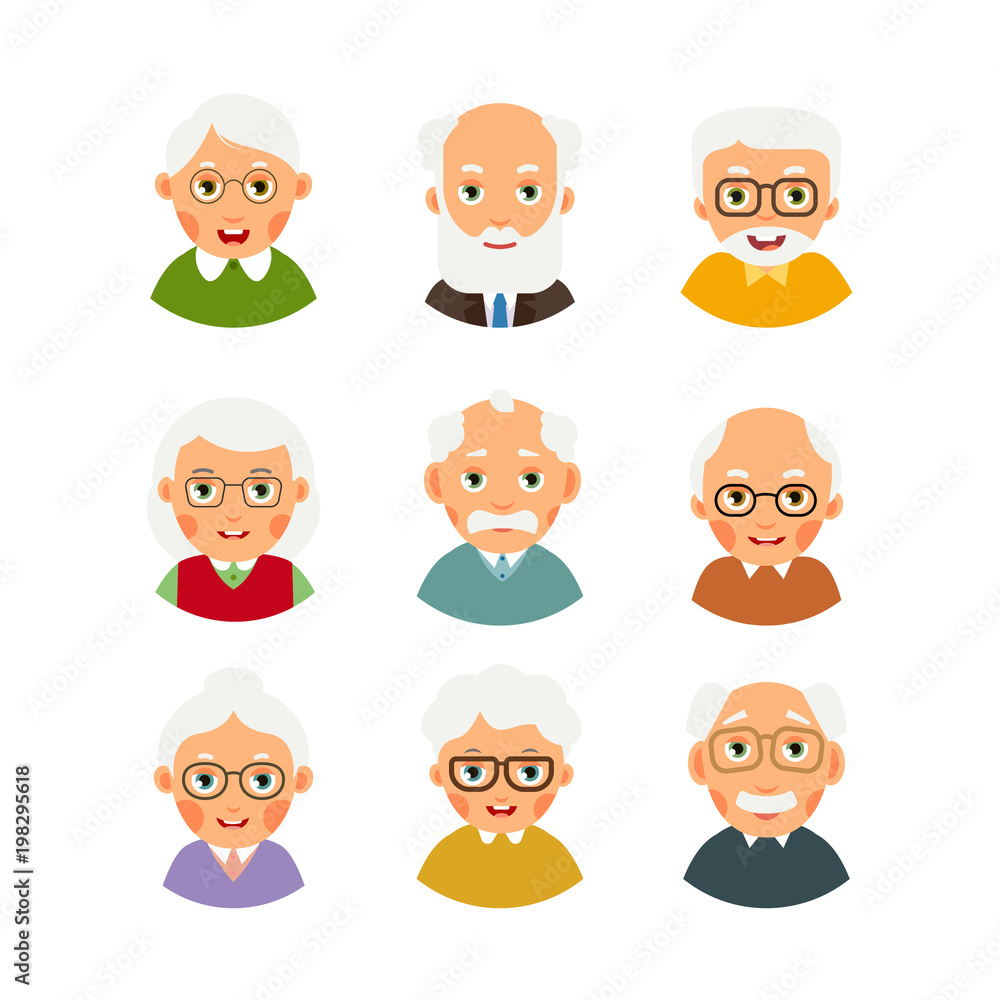 Set avatars older people. Kit avatars elderly people. Selection cartoon illustration isolated on white background in flat style Set avatars older people. Kit avatars elderly people. Selection cartoon illustration isolated on white background in flat style