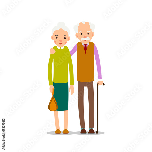 Old couple. Two aged people stand. Elderly man and woman stand together and hug each other. Illustration isolated on white background in flat style