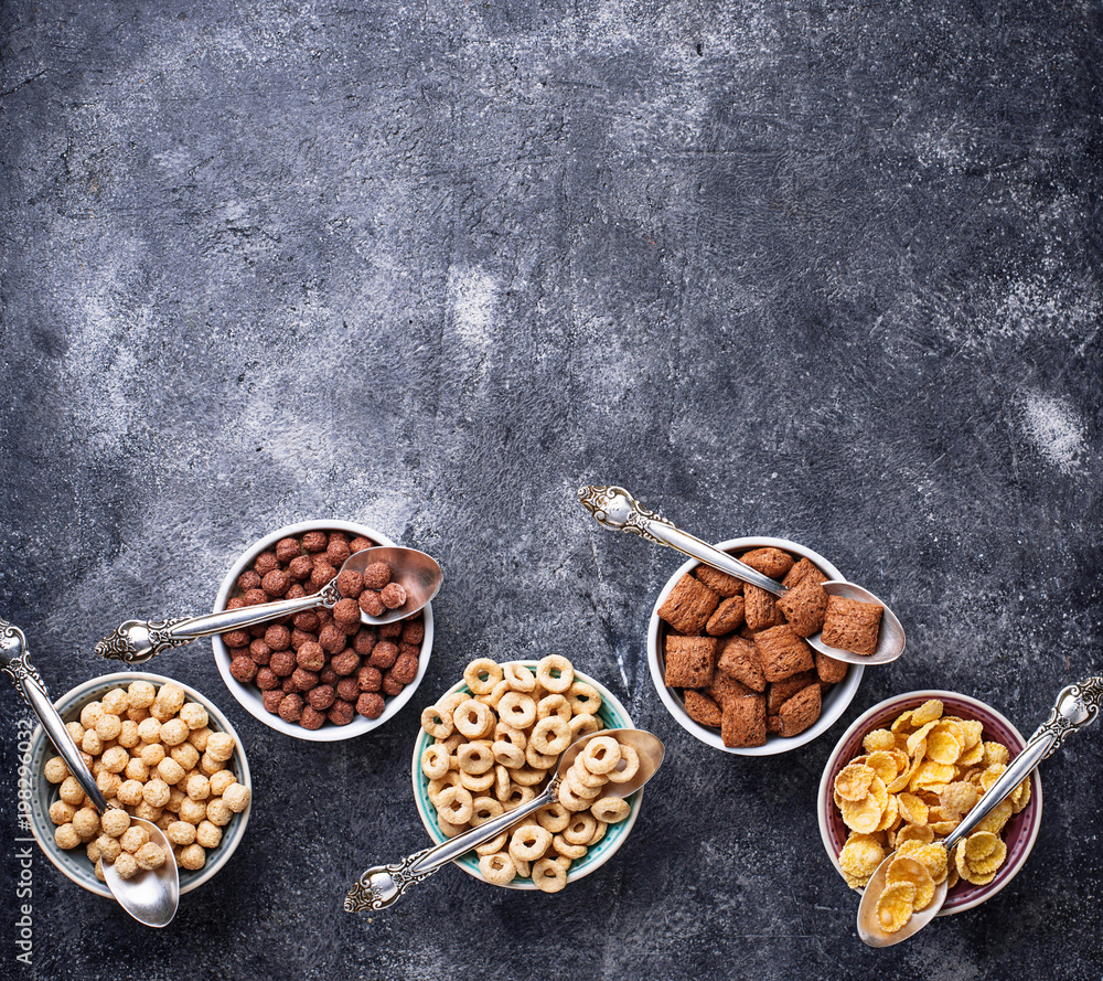 Selection of various corn flakes for breakfast Selection of various corn flakes for breakfast