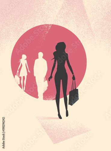 Woman and man silhouettes in shopping center carrying shopping bags