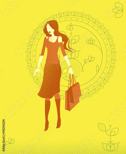 Young women silhouette carrying shopping bags with floral background