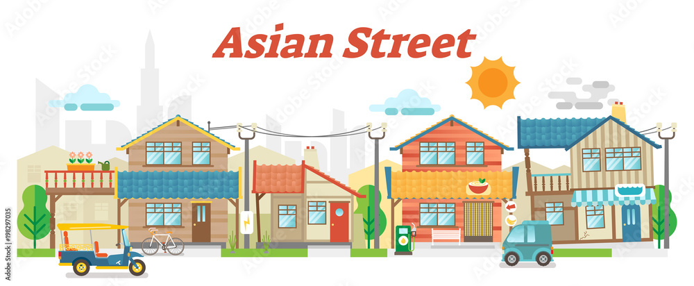 Asian town street outdoor scene with buildings