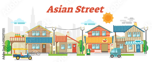 Asian town street outdoor scene with buildings