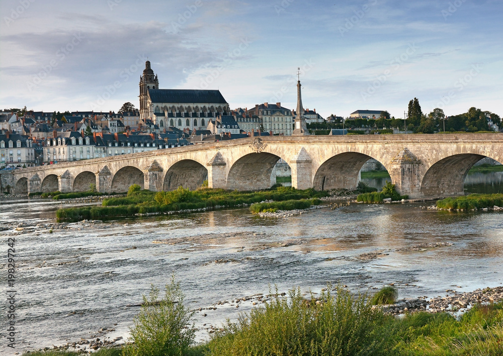 city landscape on the bridge over the river and Blois, France