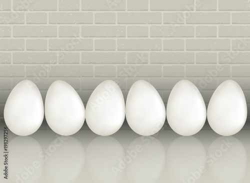 A six white chicken eggs on gray white color brick wall background with reflaction. Natural ecological protein product. Healthy food. Dietary meal. Easter symbol. Realistic 3d Vector illustration.