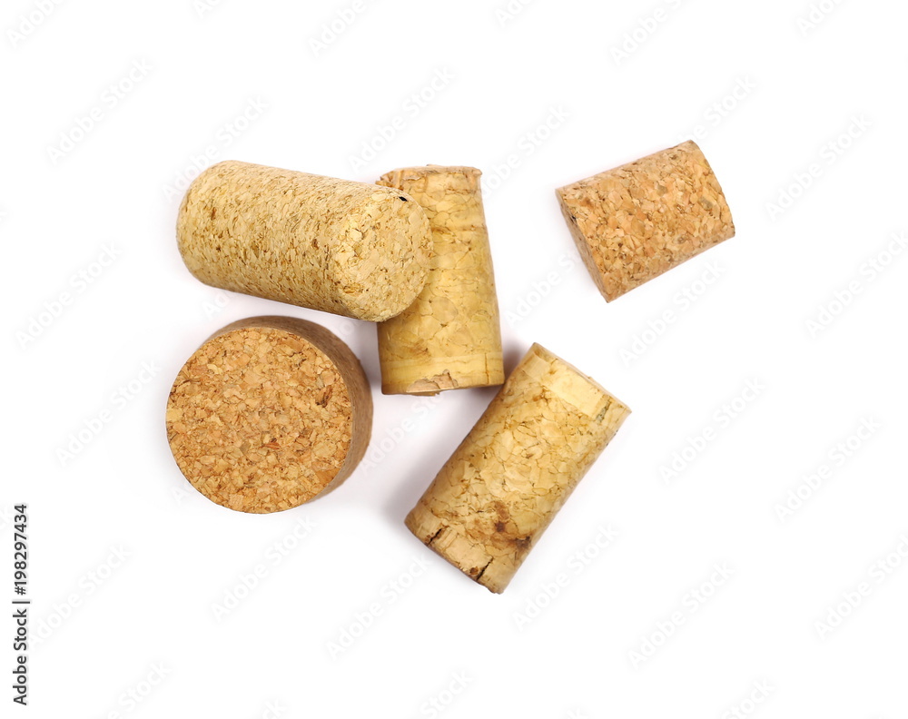 Wine corks isolated on white background, top view