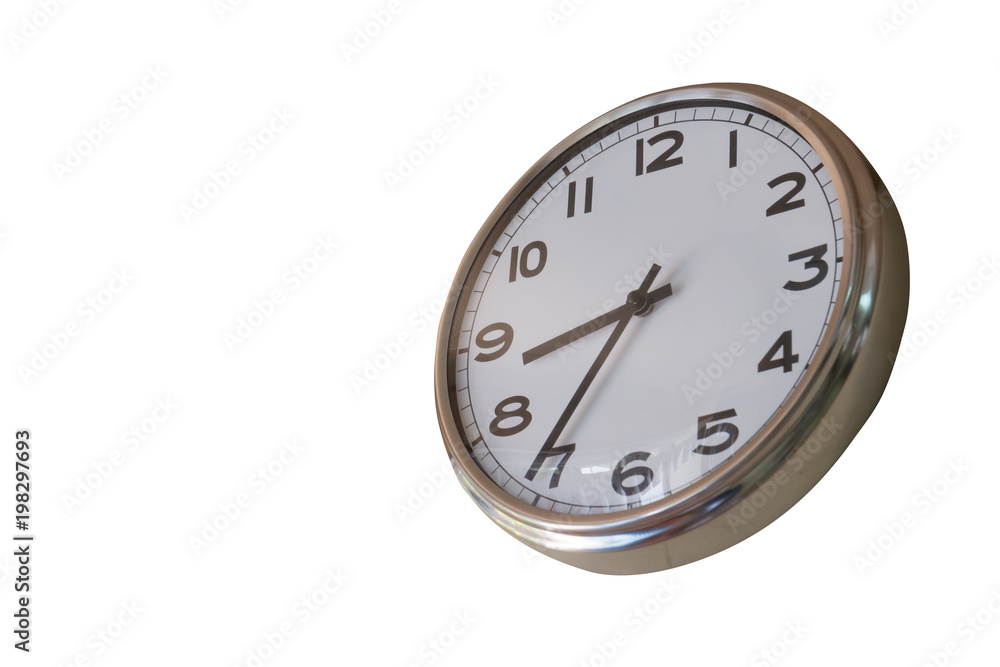 white and steel clock wall isolate on white background,. morning time white and steel clock wall isolate on white background,. morning time