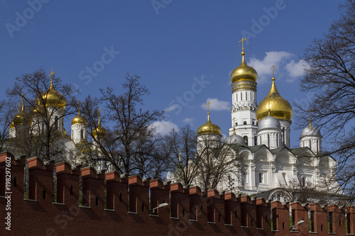 Sights of Moscow,The Ivan the Great bell tower, the Archangel's cathedral, Kremlin, Moscow, Russia. Photographed in Moscow on May a sunny spring day.