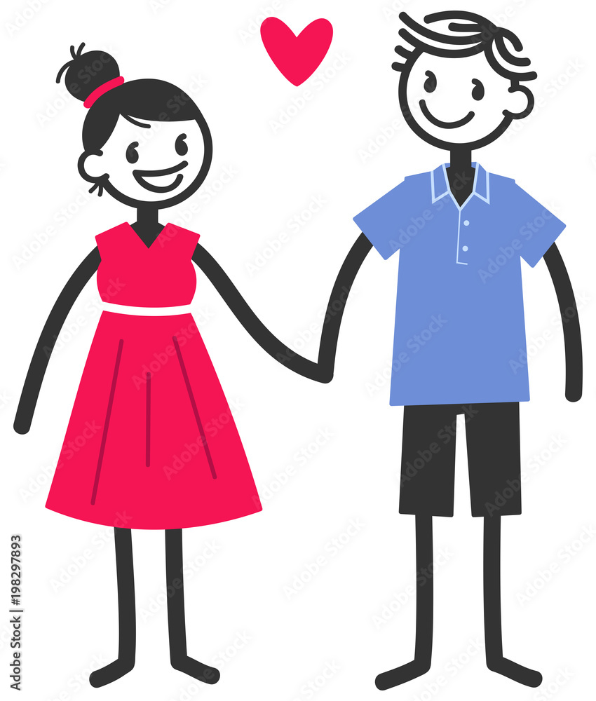 Vector Illustration Of Cute Stick Figures Holding Hands Loving Couple Boy And Girl With Red Heart Isolated On White Background Stock Vector Adobe Stock