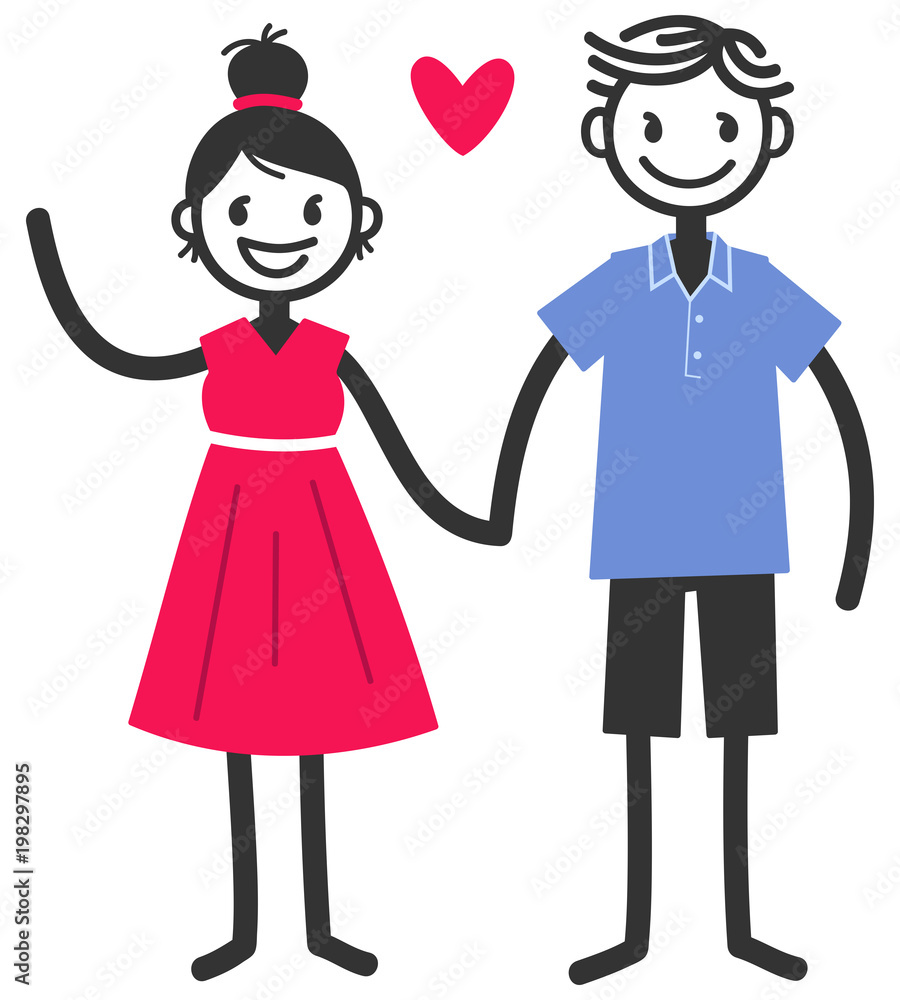Vector illustration of cute stick figures holding hands and waving, loving  couple, boy and girl with red heart isolated on white background Stock  Vector | Adobe Stock