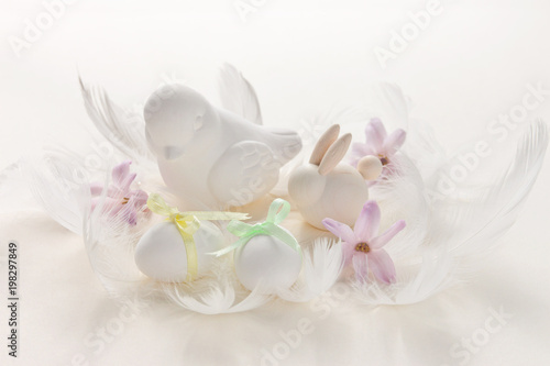 Fototapeta Naklejka Na Ścianę i Meble -  Easter  card with bird, eggs, rabbit, hyacinth flowers in pastel colors