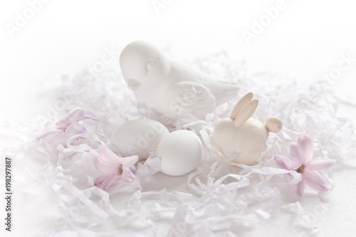 Fototapeta Naklejka Na Ścianę i Meble -  Easter  card with bird, eggs, rabbit, hyacinth flowers in pastel colors