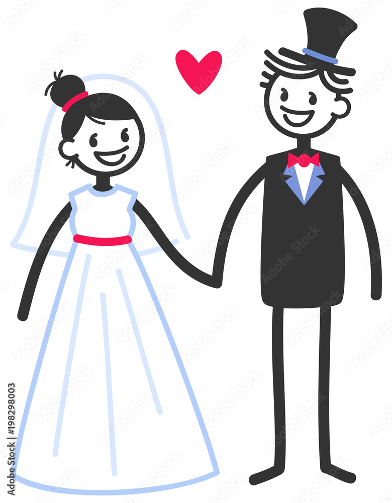 Vector wedding illustration of happy stick figures bridal couple holding hands looking at each other isolated on white background, wedding invitation template Vector wedding illustration of happy stick figures bridal couple holding hands looking at each other isolated on white background, wedding invitation template