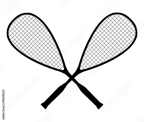 Vector black silhouette of squash or racketball crossed rackets with ball