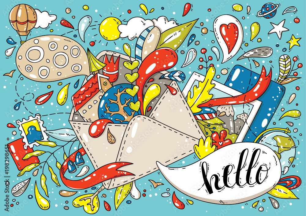Obraz premium Vector colorful postcard with travel objects and abstract shapes