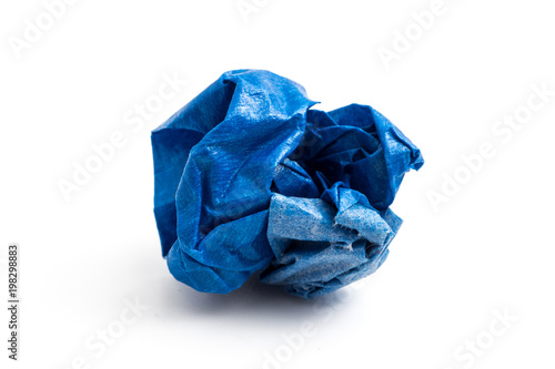 Blue crumpled paper ball on a white background