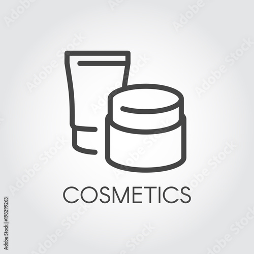 Abstract jars for lotion, cream and other care products for facial or body thin line icon. Template beauty cosmetic logo. Skincare, treatment, hygiene concept. Contour label. Vector illustration
