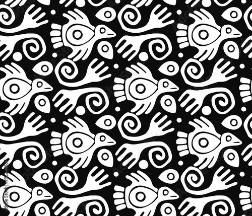 Seamless texture with figures on a black background. Vector illustration.