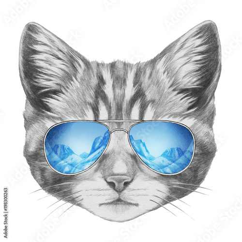 Portrait of Cat with glasses, hand-drawn illustration