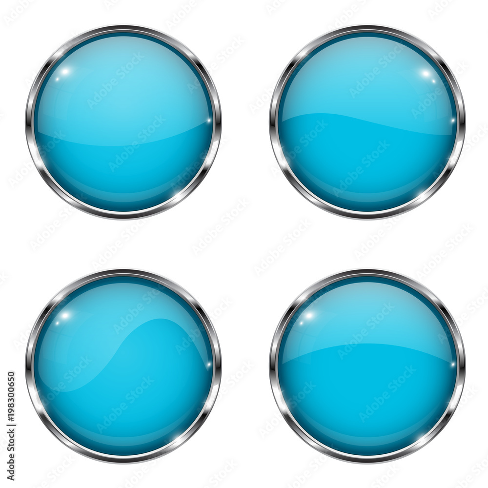 Glass blue buttons. Round 3d buttons with chrome frame Glass blue buttons. Round 3d buttons with chrome frame