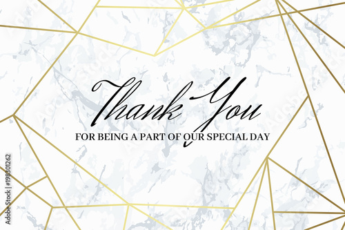 Thank you design template. White marble background and gold geometric pattern. Dimensions 6x4 inch. Seamless pattern included. Eps10.