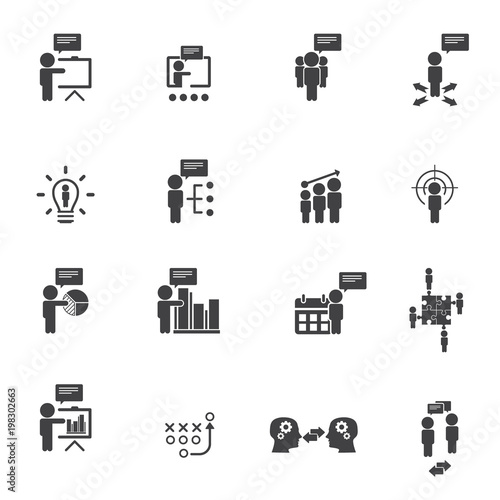 Business training icon set. Flat design icons for business, consulting, finance, management, career, human resources.